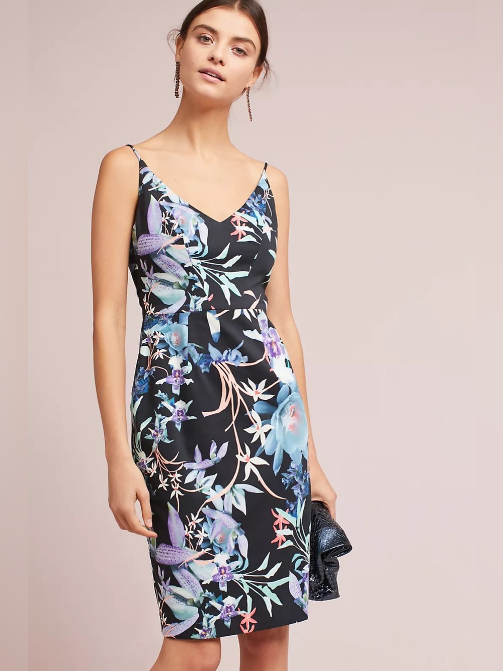 Anthropologie Black Halo Black Floral V-Neck Midi Dress w/ Blue & Purple Blooms